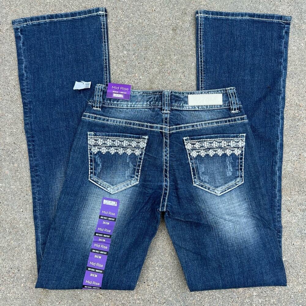 Rock & Roll Cowgirl mid rise boot cut jeans embroidered bling pocket 24x34 NEW
